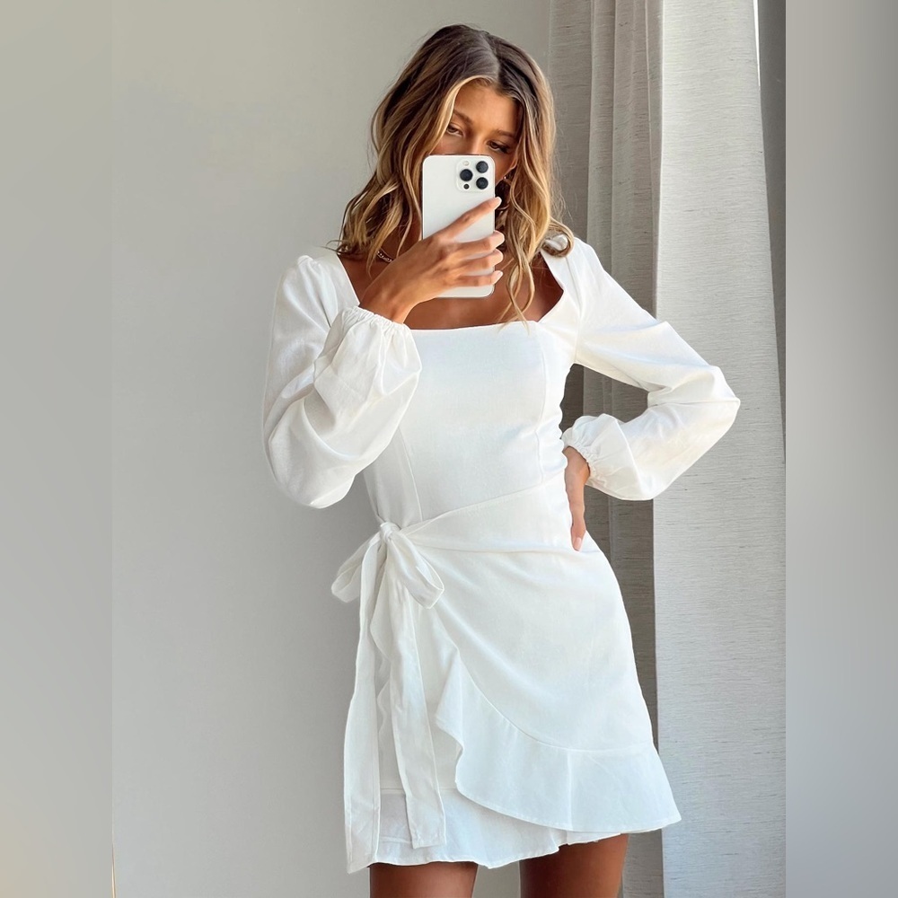 PRINCESS POLLY The Villa Long Sleeve Mini Dress White Wrap Bow Bridal Wedding 6